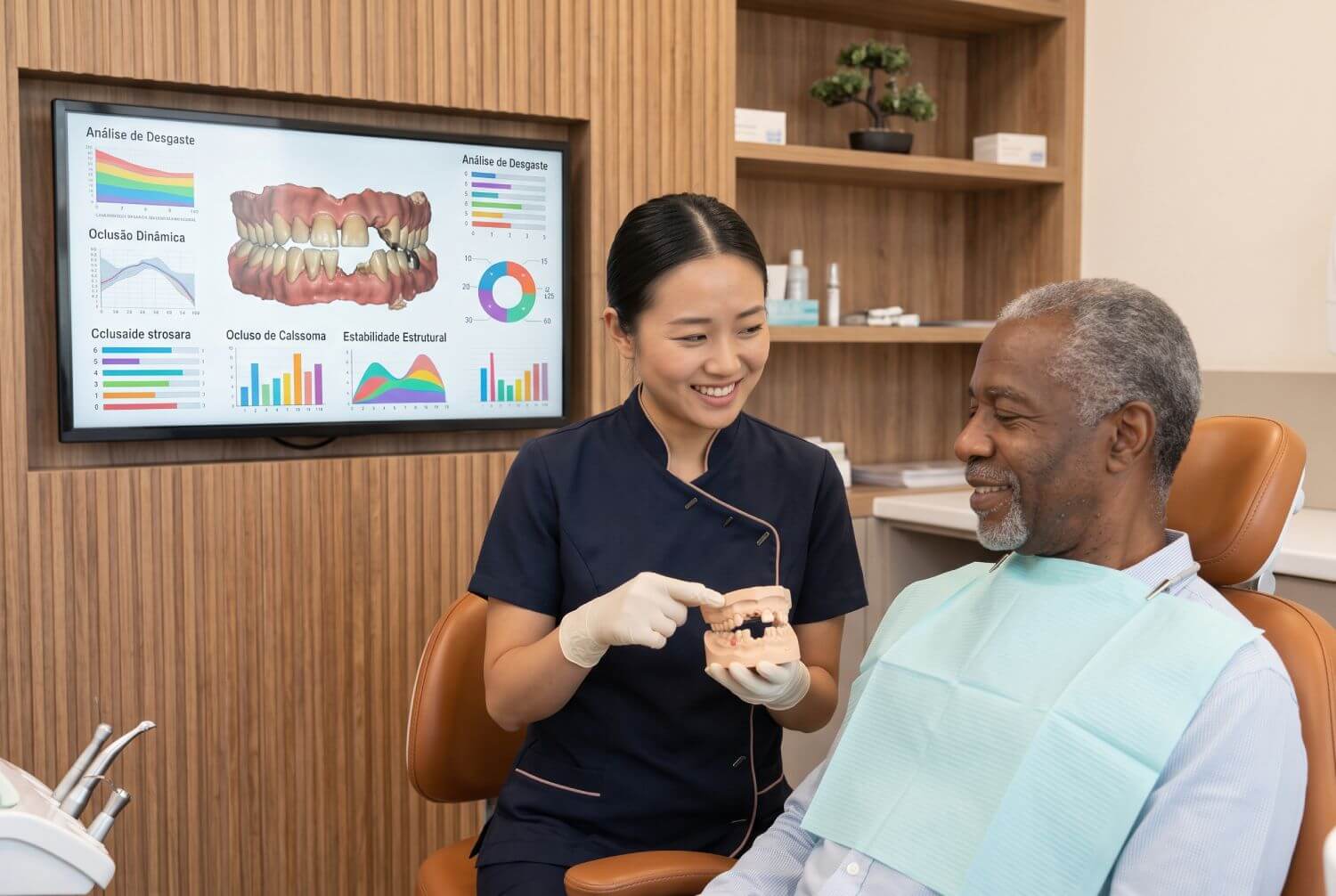 Dentista em São Caetano do Sul mostra modelo dentário a paciente idoso para avaliar reabilitação oral na Illuminer Odontologia.